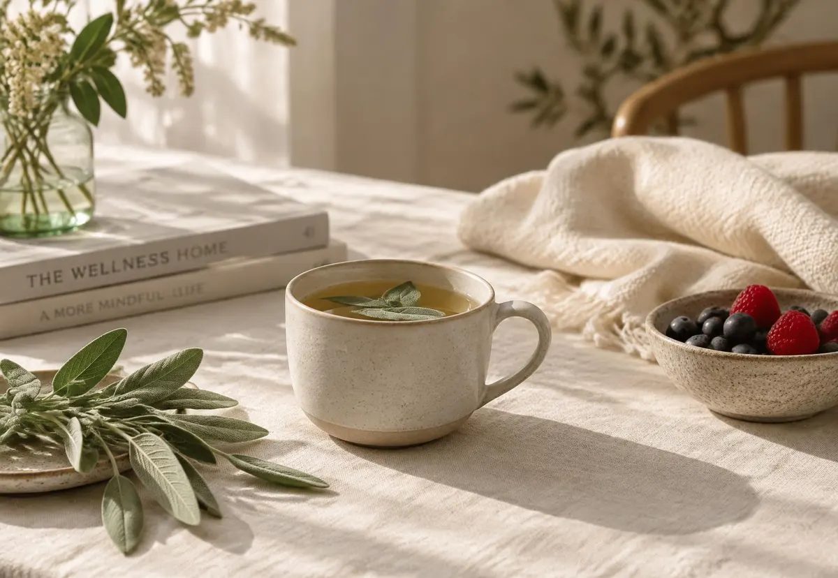 Morning light over a calm table with tea and a notebook